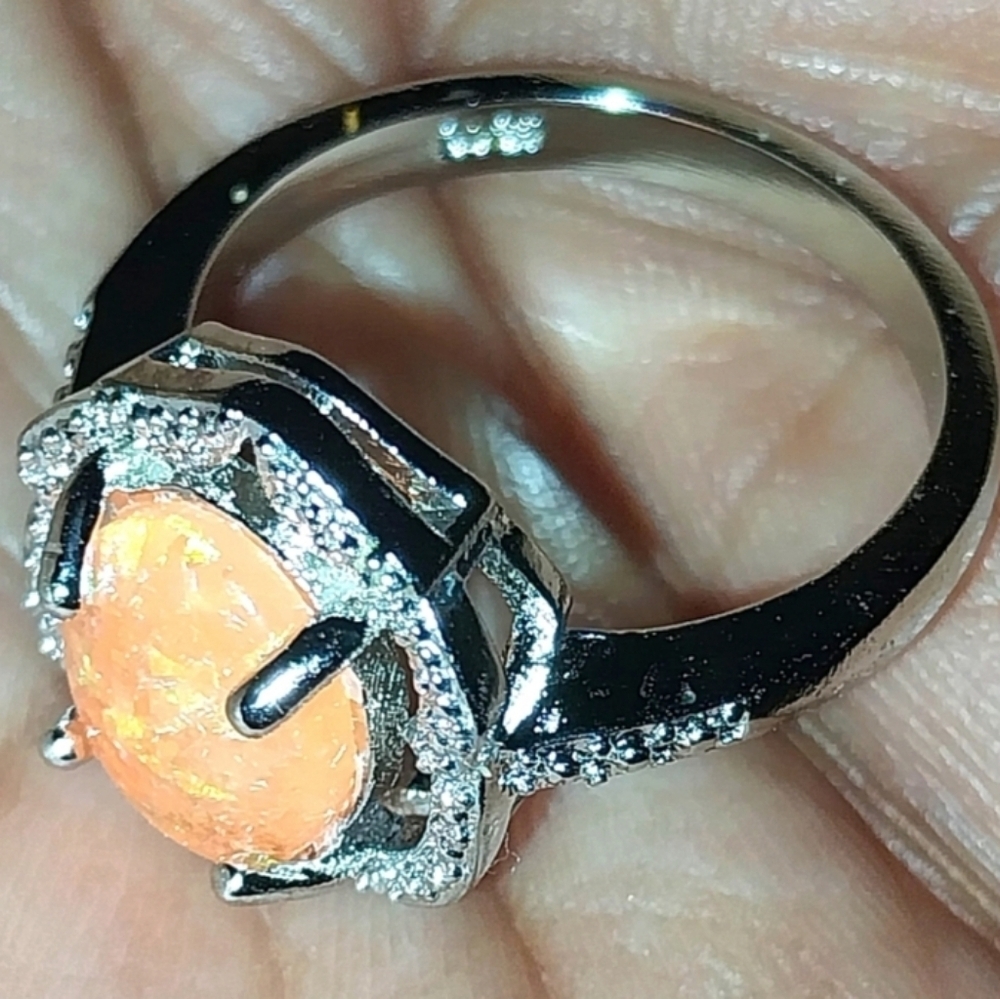 Elegant 925 Sterling Silver and Orange Gemstone Ring Sz 7